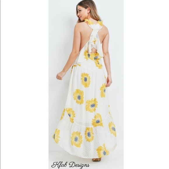 New! Clearance 🔥Ruffled Floral Halter Cross Back Maxi Dress - Picture 4 of 8